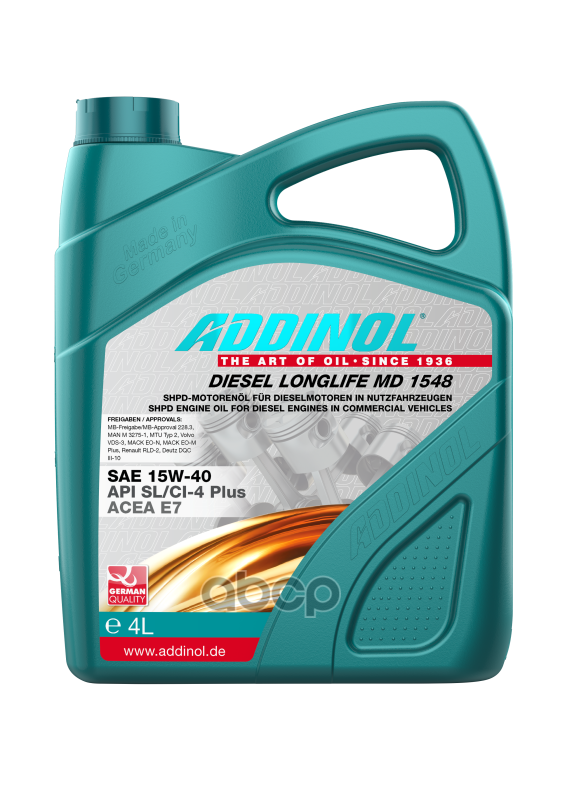 ADDINOL Масло Моторное Минеральное Addinol Diesel Longlife Md 1548 4 Л. 4014766250803 Addinol 4014766250803