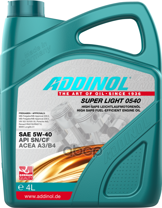 ADDINOL Масло Моторное 5W40 4Л Addinol Super Light Sn/Cf Синтетическое Addinol 4014766251022