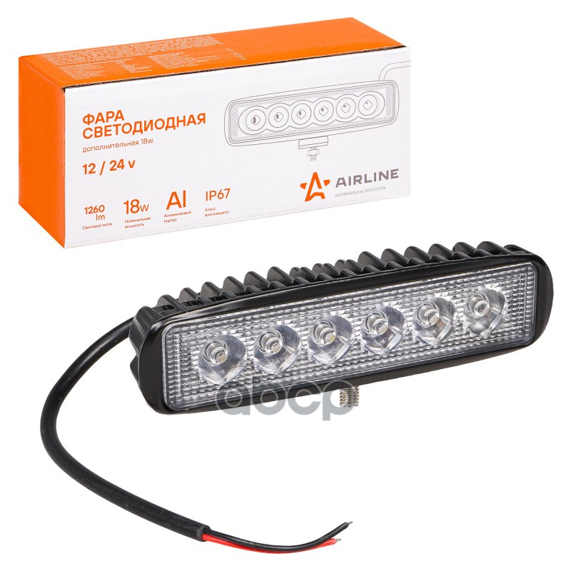 Фара светодиодная прямоугольная 6LED  направленный свет  18Вт  157х42х40мм  12/24В (ALED004) AIRLINE арт. aled004