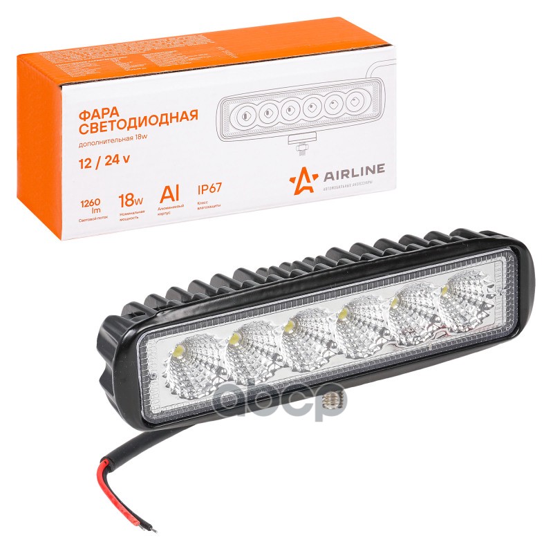 Фара светодиодная прямоугольная, 6 LED рассеянный свет, 18W (157х42х40) 12/24V (ALED005) AIRLINE арт. ALED005