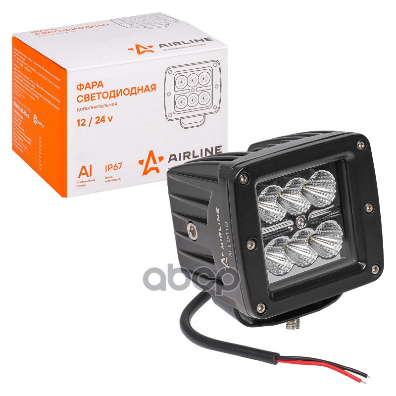 Фара светодиодная квадратная, 6 LED рассеяный свет, 18W (82х75х75) 12/24V (ALED010) AIRLINE арт. ALED010