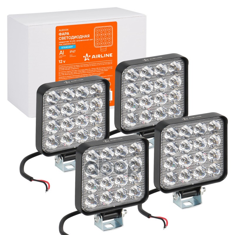 Фара светодиодная квадратная 16LED  направленный свет  16Вт  83х83х22мм  12В  4шт. STANDART (ALED034 AIRLINE арт. aled034