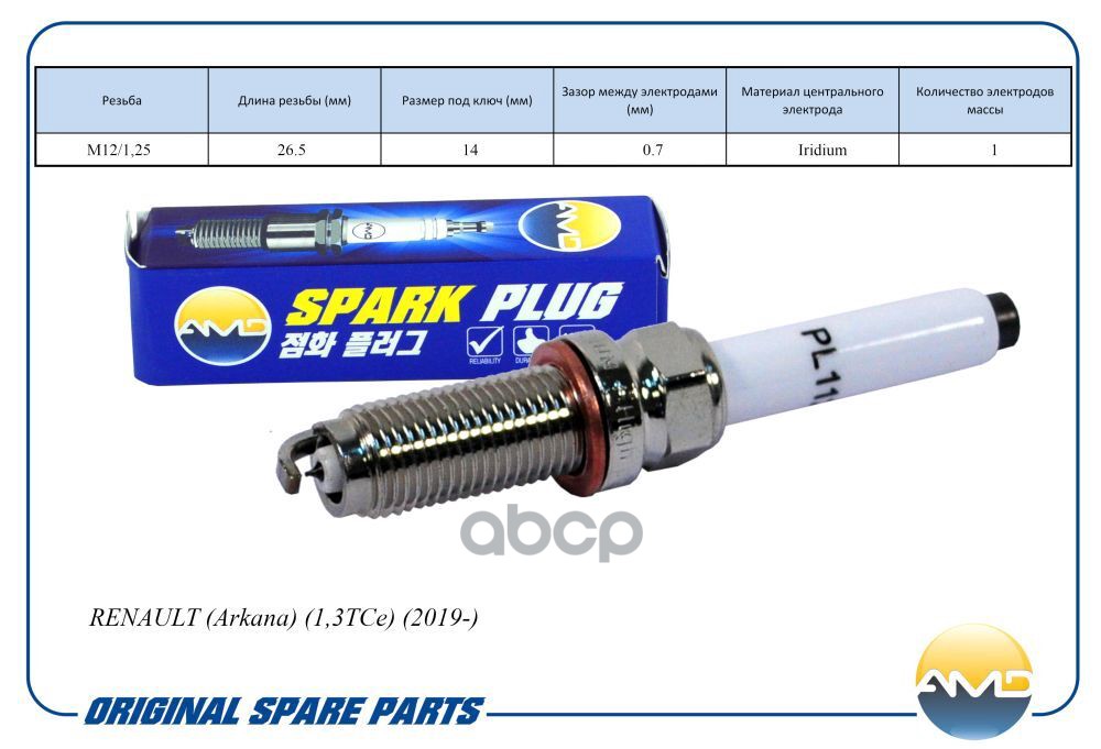 Свеча зажигания (Iridium) RENAULT Arkana, 1,3TCe, 2019- AMDPL112 AMD арт. AMDPL112