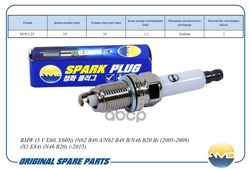Свеча зажигания (Iridium) BMW 3 V E90, E90N, N46 B20, 2005-2011, 5 V E60, E60N, N62 B40 A/N62 B48 B/N46 B20 B, 2005-2009, X1 ...