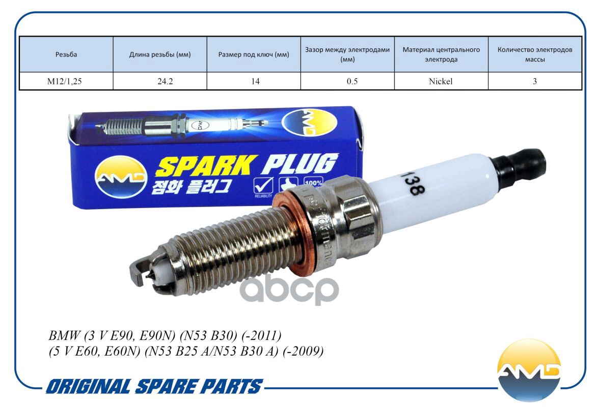 Свеча зажигания (Iridium) BMW 3 V E90, E90N, N53 B30, -2011, 5 V E60, E60N, N53 B25 A/N53 B30 A, -2009 AMDPL138 AMD арт. AMDP...