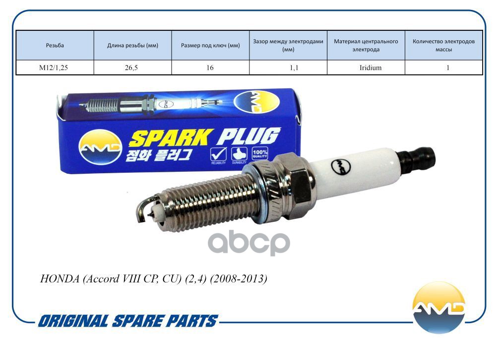 Свеча зажигания (Iridium) HONDA Accord VIII CP, CU, 2,4, 2008-2013 AMDPL151 AMD арт. AMDPL151