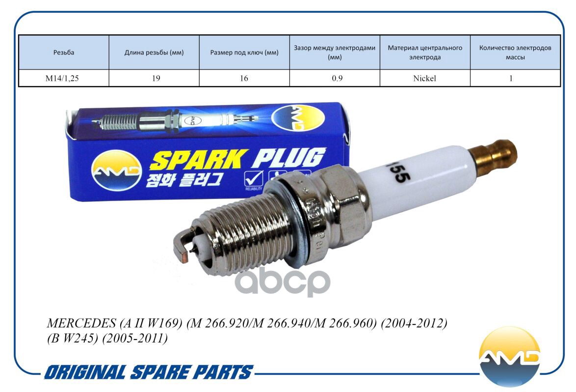 Свеча зажигания (Nickel) MERCEDES A II W169, M 266.920/M 266.940/M 266.960, 2004-2012, B W245, 2005-2011 AMDPL155 AMD арт. AM...
