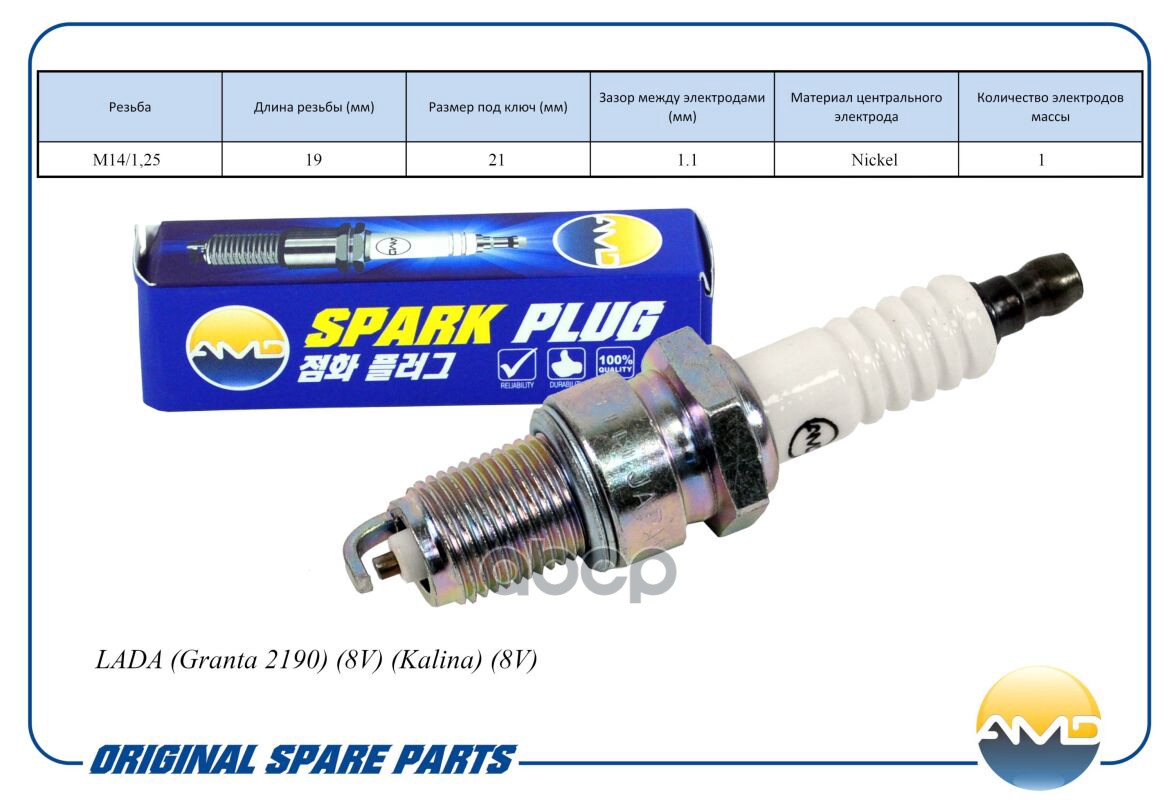 Свеча зажигания (Nickel) LADA Granta 2190, 8V, Kalina, 8V AMDPL67 AMD арт. AMDPL67