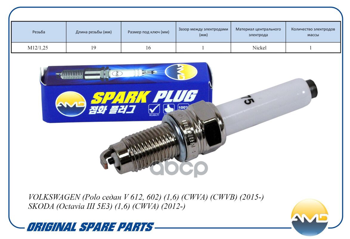 Свеча зажигания VOLKSWAGEN Polo седан V 612, 602, 1,6, CWVA, CWVB, 2015-, SKODA Octavia III 5E3, 1,6, CWVA, 2012- AMDPL75 AMD...