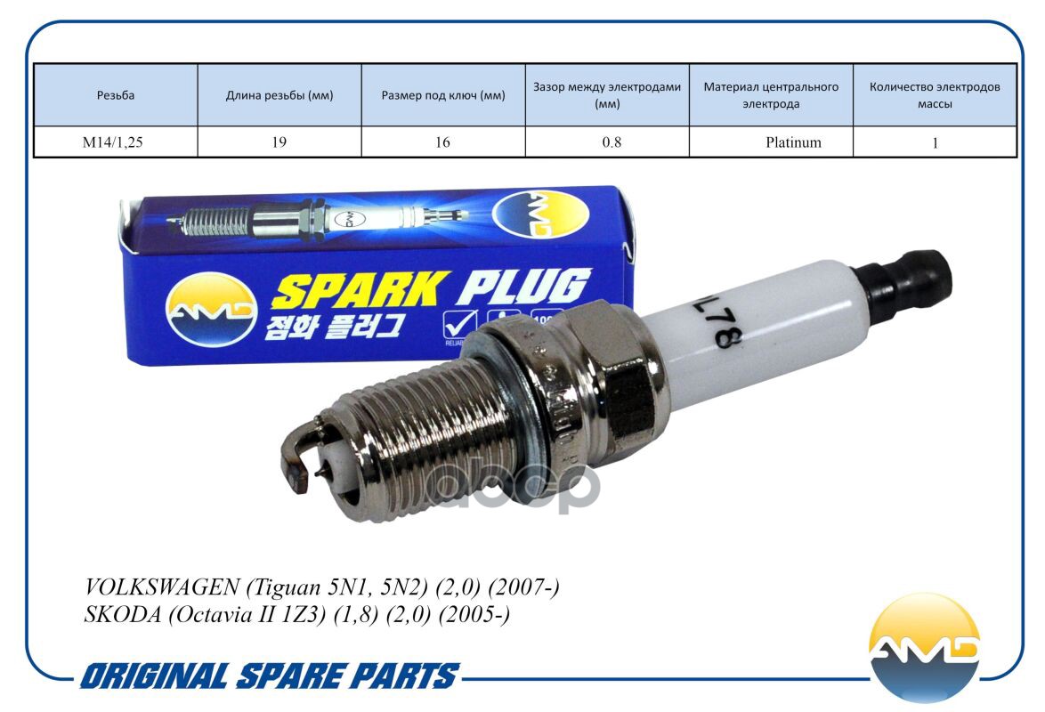 Свеча зажигания (Platinum) VOLKSWAGEN Tiguan 5N1, 5N2, 2,0, 2007-, SKODA Octavia II 1Z3, 1,8, 2,0, 2005- AMDPL78 AMD арт. AMD...