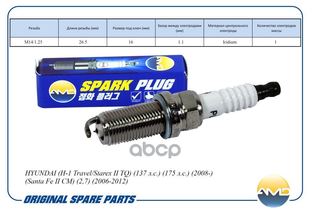 Свеча зажигания (Iridium) HYUNDAI H-1 Travel/Starex II TQ, 137 л.с., 175 л.с., 2008-, Santa Fe II CM, 2,7, 2006-2012 AMDPL87 ...