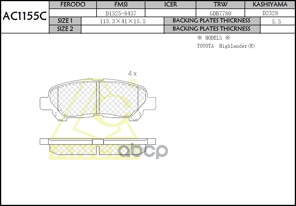 Тормозные колодки TOYOTA HIGHLANDER 09-, KLUGER 07- Задн. ANCHI арт. AC1155C