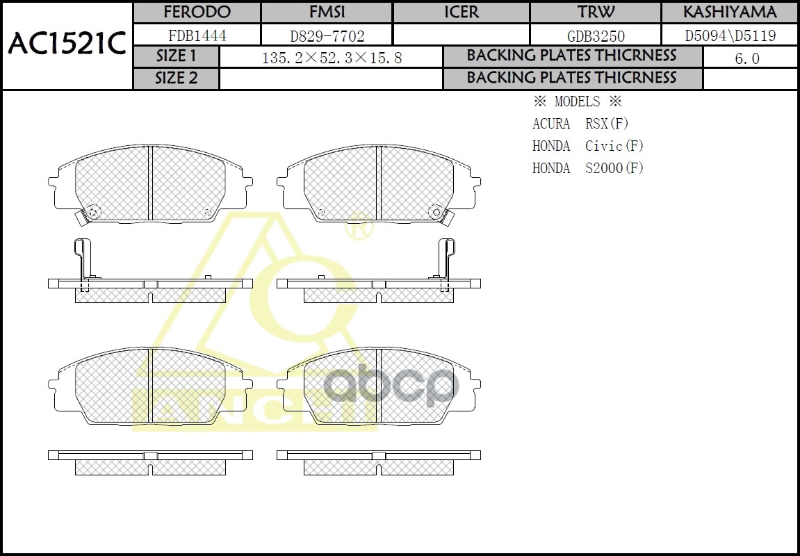 Тормозные Колодки Honda Accord, Torneo Cf3, Civic Ep, Integra Dc5  Перед. ANCHI арт. AC1521C