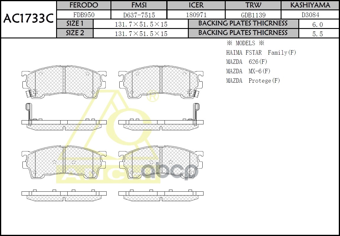 Тормозные Колодки Mazda Capella 91-, Premacy Cp  99-, Cronos Ge   Перед. ANCHI арт. AC1733C