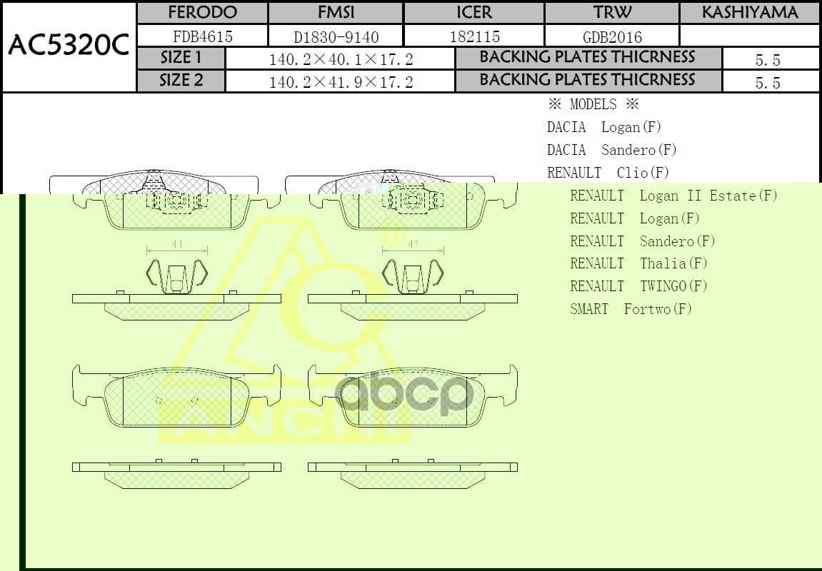 Тормозные Колодки Renault Sandero 12-  Fr ANCHI арт. AC5320C