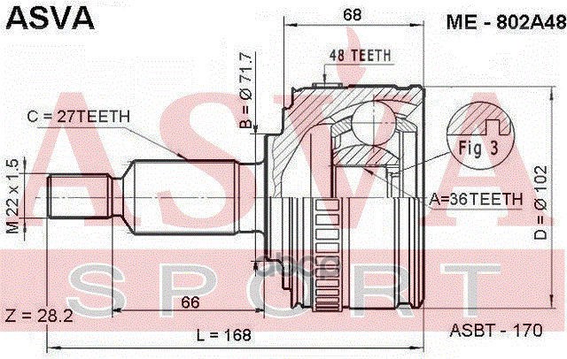 ШРУС НАРУЖНЫЙ 36x71.6x27 ASVA арт. ME802A48