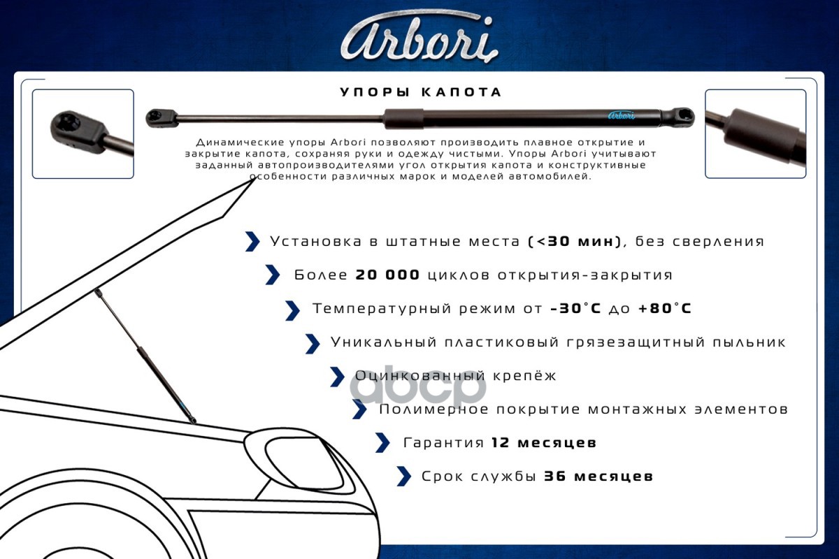 Упоры капота для HYUNDAI Creta 2021-н.в. (SU2R), SOLARIS HC 2022-н.в. Arbori 2 шт. / Хендай Крета Arbori арт. ARBORI.HD.016101