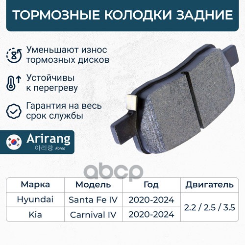 Колодка дискового тормоза зад. Hyundai (Santa Fe IV 20- restyle), Kia (Carnival 20-) Arirang арт. ARG281066
