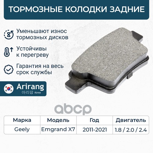 Колодка дискового тормоза зад. Geely (Emgrand X7) Arirang арт. ARG281616