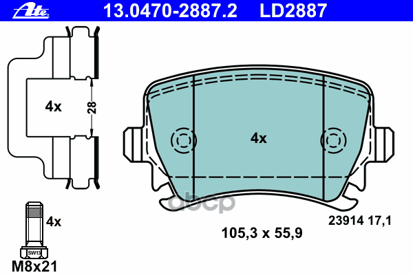 Колодки Дисковые Задние Ceramic Audi A2 A3 A6 A8, Vw Golf Touran 1.4-2.0 Tdi 00 Vag Ate 13.0470-2887.2 Ate арт. 13.0470-2887.2