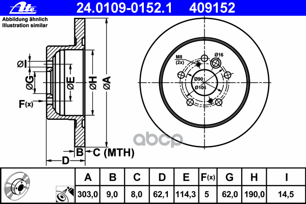 Диск Тормозной Задн, Toyota: Rav 4 Ii 1.8 Vvti/2.0 D-4D 4Wd/2.0 Vvti 4Wd/2.4 Vvti 4Wd 00-05 Ate арт. 24.0109-0152.1