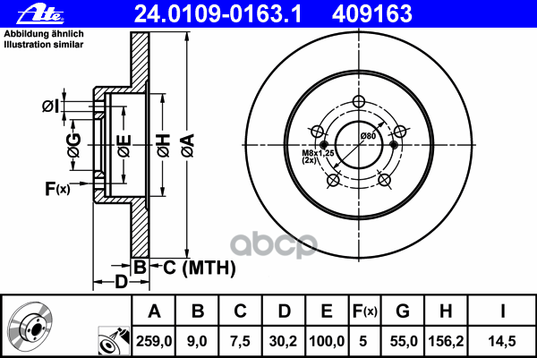 Диск Торм Lex Ct 1.8/Sub Trezia /Toy Prius/Verso S 1.33/1.8Hybrid/1.4D-4D 09- Зад Не Вент 259X9 Ate 24010901631 Ate арт. 2401...