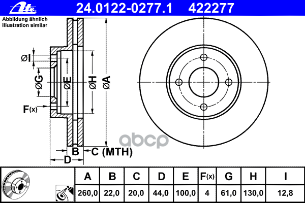 Диск Тормозной Передн, Nissan: Micra Iv 1.2/1.2 Dig 10-, Note 1.2/1.2 Dig/1.5 Dci 13- Ate арт. 24.0122-0277.1