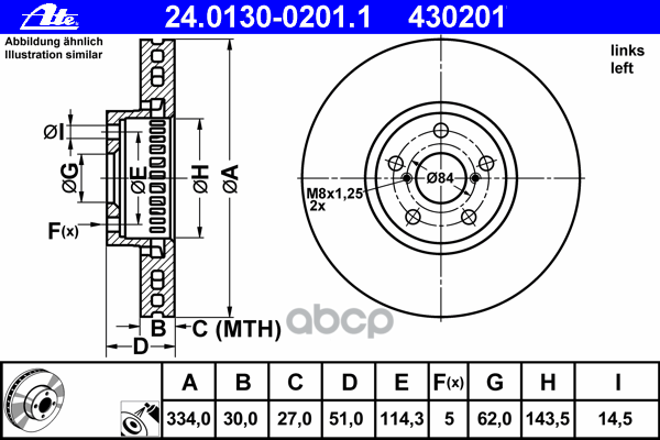 Диск Тормозной Передний L Lexus Gs300/430/460 2006-> /Vent.d=334Mm Ate 24.0130-0201.1 Ate арт. 24.0130-0201.1