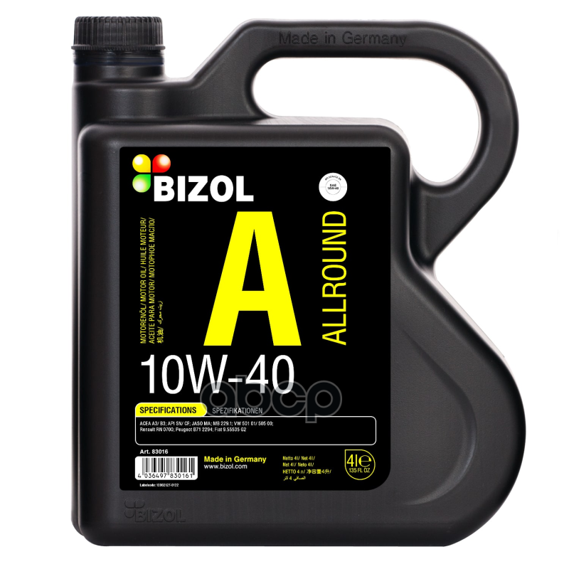 BIZOL 10W-40 4L Allround Sn A3/B4 Ma2 Синт. Мот.масло
