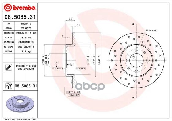 Диск Тормозной Задн, Abarth: 500 08- , 500C/595C 09- Brembo арт. 08.5085.31