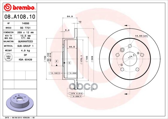 Диск Тормозной Задн Toyota: Camry 01- Brembo арт. 08.A108.10
