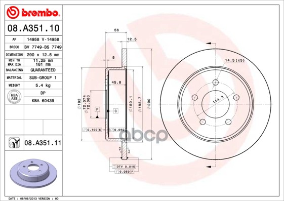 Диск Тормозной Задн, Chrysler: Town & Country 00-07, Voyager Iv 00-, Dodge: Caravan Iii 00- Brembo арт. 08.A351.11