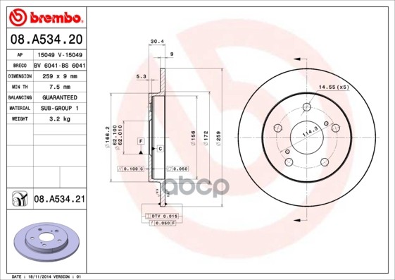Диск тормозной задн. с УФ покрытием TOYOTA AURIS (_E15_) 10/06-09/1 Brembo арт. 08.a534.21