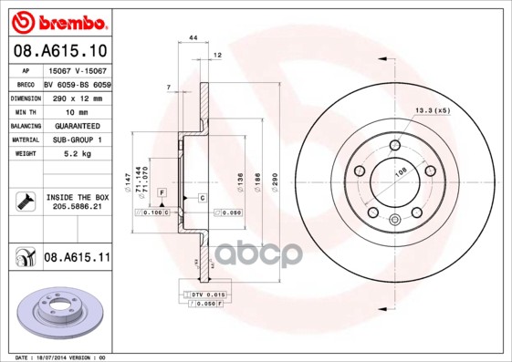 Диск тормозной задний PEUGEOT 508 /D=290mm BREMBO 08.A615.11 Brembo арт. 08.A615.11