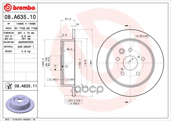 Диск тормозной задн. с УФ покрытием LEXUS IS II (GSE2_  ALE2_  USE2_) 10/05-03/13 / TOYOTA (FAW) REI Brembo арт. 08.a635.11