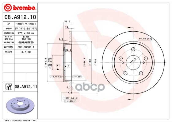 Диск тормозной задн. TOYOTA AURIS (_E15_) 10/06-09/12 / TOYOTA AURIS (_E18_) 10/12-> / TOYOTA AURIS Brembo арт. 08.a912.10