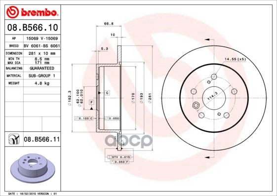 Диск Тормозной Задний Невентилируемый Brembo арт. 08B56610
