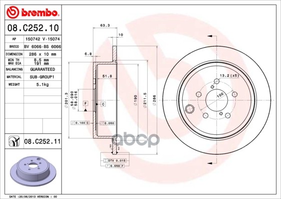 Диск тормозной задний невентилируемый Brembo арт. 08C25210