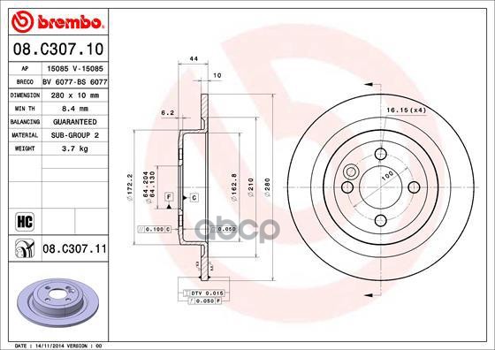Диск Тормозной Задн. С Уф Покрытием Mini Mini (R56) 11/05-11/13 / Mini Mini Clubman (R55) 10/06-06/1 Brembo арт. 08.c307.11