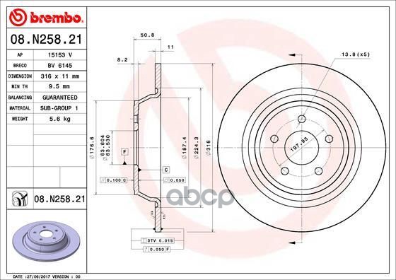 Диск тормозной задн. с УФ покрытием FORD KUGA II (DM2) 05/12-> / FORD KUGA II Van 05/12-> / FORD MON Brembo арт. 08.n258.21