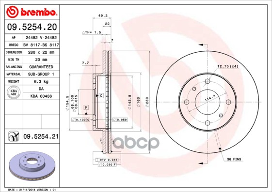Диск тормозной передн. с УФ покрытием NISSAN 200 SX (S13) 07/88-12/95 / NISSAN ALMERA II (N16) 06/00 Brembo арт. 09.5254.21
