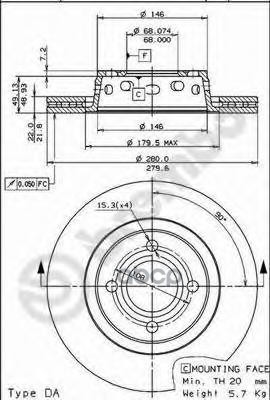 Диск тормозной передн. AUDI 80 (8C  B4) 09/91-12/94 / AUDI 80 Avant (8C  B4) 09/91-01/96 / AUDI CAB Brembo арт. 09.7821.10