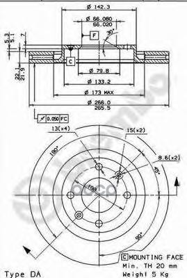 Диск тормозной передний вентилируемый 266мм Brembo арт. 09869511