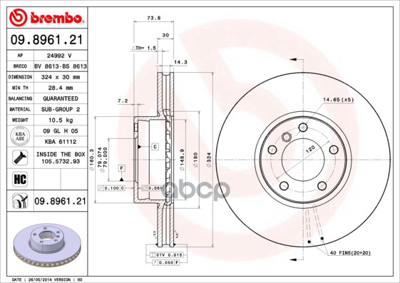 Диск Тормозной Передн Bmw: 5 95-03, 5 Touring 97-04 Brembo арт. 09.8961.21