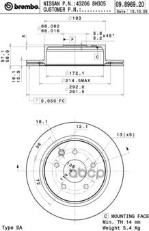 Диск тормозной (Сзади) Nissan Juke 10-20 / Leaf 09-22 Brembo арт. 09.8969.20