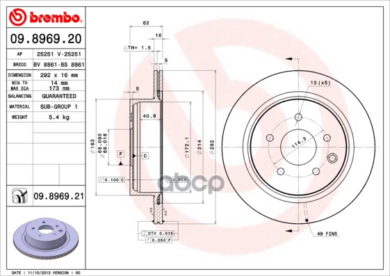 Диск тормозной задний NISSAN Qashqai J10/X-Trail T31/RENAULT Koleos BREMBO 09.8969.21 Brembo арт. 09.8969.21