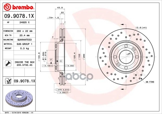 Диск тормозной передн. серии Brembo Xtra (перфорированный) NISSAN (DFAC) SUNNY (N17) 12/10-> / NISSA Brembo арт. 09.9078.1x