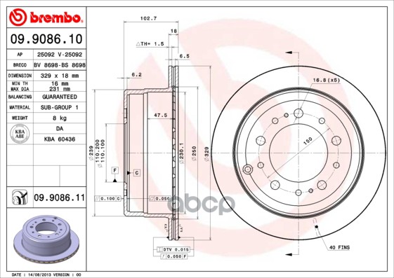 Диск тормозной (Сзади) Toyota Land Cruiser (J100) 98-07 / Lexus LX 98-07 / Toyota Land Cruiser Cygnu Brembo арт. 09.9086.10