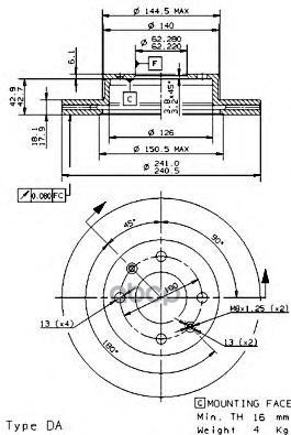 Диск тормозной передний вентилируемый 241мм Brembo арт. 09950310