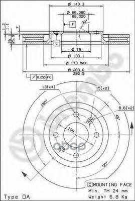 Диск тормозной (Спереди) Citroen Berlingo 96-22 / C3 01- / C4 04- / C4 Picasso 07-14 / Peugeot 308 0 Brembo арт. 09.9619.10
